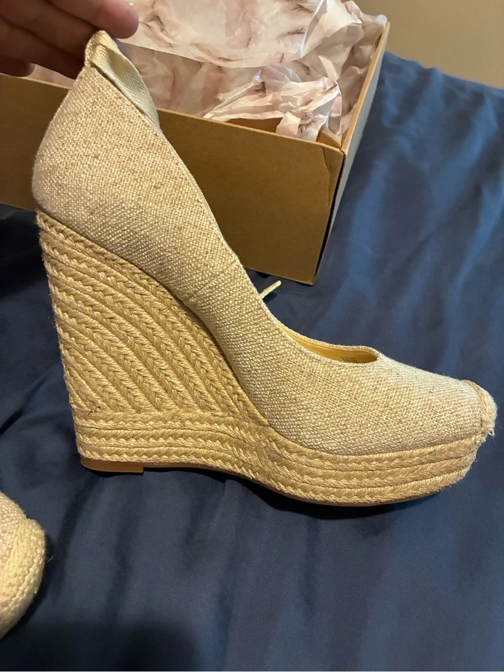 Jessica Simpson Wedge Espadrille Platform Heels with Ankle Tie in Beige
